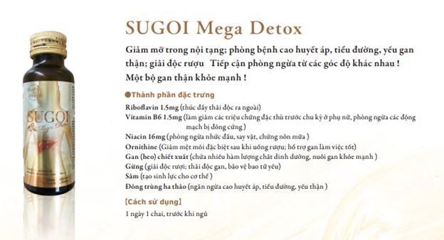 Đốt cháy chất béo nội tạng, ngăn ngừa huyết áp cao, tiểu đường và rối loạn thận, giải độc rượu. Một cách tiếp cận đa diện cho gan và thận khỏe mạnh!- Thành phần đặc trưng-
-  Riboflavin 1,5mg (thúc đẩy quá trình trao đổi chất)
-  Vitamin B6 1,5mg (làm giảm các triệu chứng khó chịu đặc biệt ở phụ nữ trong thời kỳ kinh nguyệt)
-  Niacin 16mg (ngăn ngừa đau đầu, nôn nao và buồn nôn)
-  Ornithine (ức chế mệt mỏi và hỗ trợ chức năng gan)
-  Chiết xuất gan (thịt lợn) (chứa nhiều thành phần hoạt tính như khoáng chất và tăng cường gan)
-  Gừng (phân hủy rượu, tăng cường giải độc gan, bảo vệ niêm mạc dạ dày bị suy yếu)
-  Nhân sâm Triều Tiên (xây dựng sức mạnh thể chất)
-  Cordyceps (ngăn ngừa huyết áp cao, tiểu đường và rối loạn thận)
- Cách sử dụng-
1 chai mỗi ngày trước khi đi ngủ